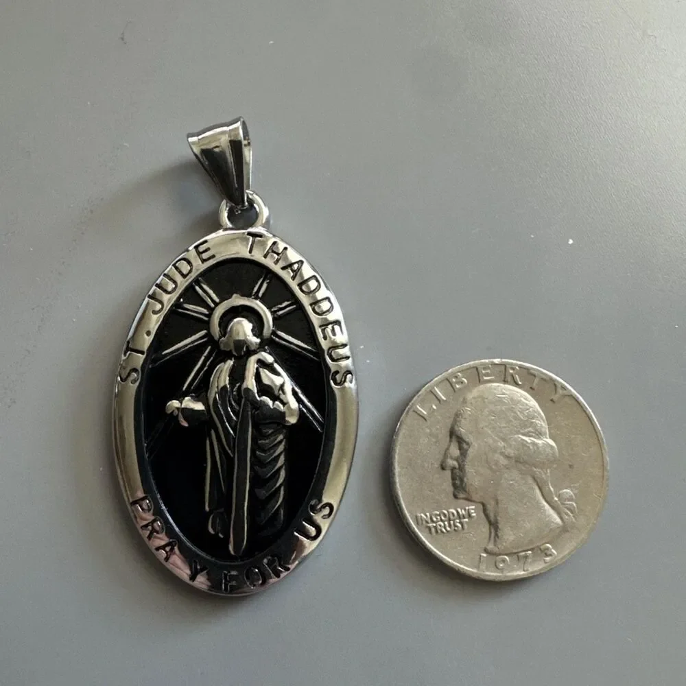 St. Jude Stainless Steel Pendant 24” Chain Religious Jesus Christ Gun Metal